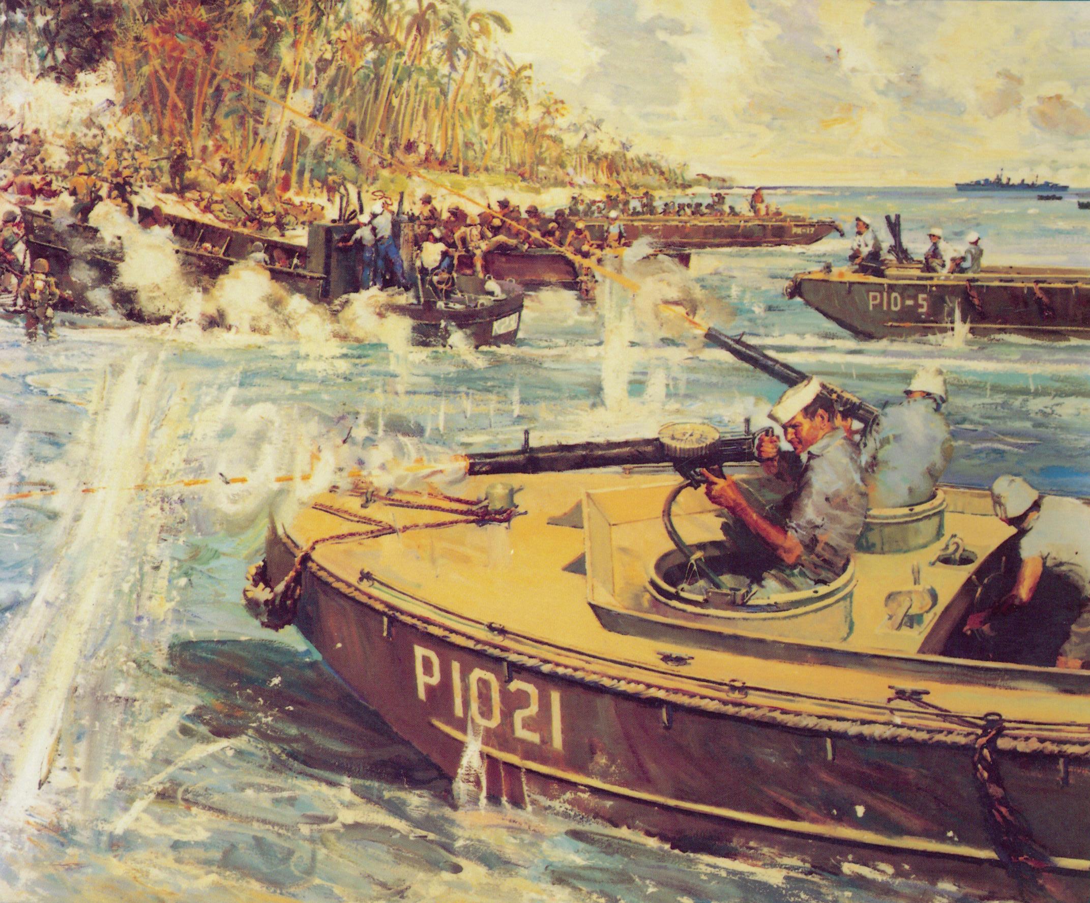 An artist’s depiction of the Coast Guard-manned landing craft evacuating an ambushed marine battalion at Point Cruz, Guadalcanal. Official recognition for this operation included a Medal of Honor, three Navy Crosses, a Navy Commendation Medal, and several Purple Hearts. President Franklin Roosevelt later recognized all members of Toahty’s Coast Guard unit with the Presidential Unit Citation as part of the First Marine Division. (U.S. Coast Guard) An artist’s depiction of the Coast Guard-manned landing craft evacuating an ambushed marine battalion at Point Cruz, Guadalcanal. Official recognition for this operation included a Medal of Honor, three Navy Crosses, a Navy Commendation Medal, and several Purple Hearts. President Franklin Roosevelt later recognized all members of Toahty’s Coast Guard unit with the Presidential Unit Citation as part of the First Marine Division. (U.S. Coast Guard)